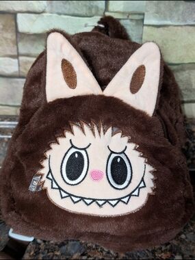 Plush Brown Labubu Face Backpack with Ears, Filled With Accessories- Brown